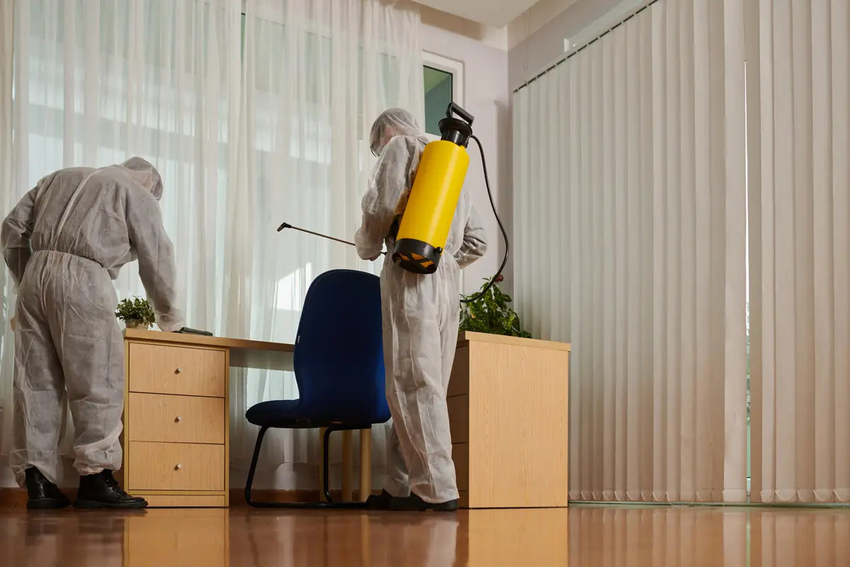 Técnicos com EPI aplicando tratamento em uma sala de atendimento